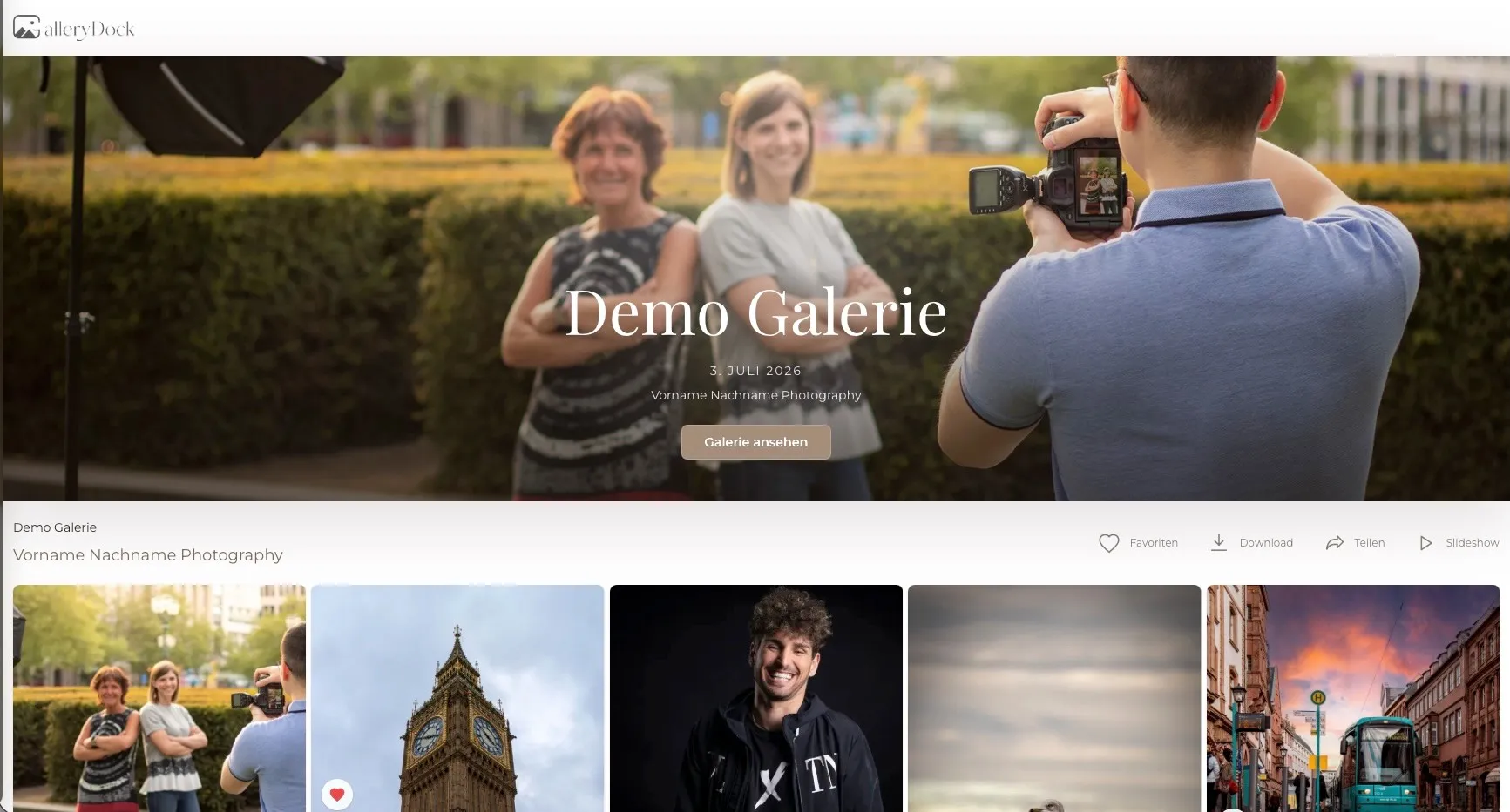 GalleryDock demo client gallery with a cover photo and a grid of photographs.